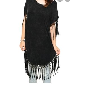 Neiman Marcus POL black fringe burn out black cotton stretch tunic dress amazing